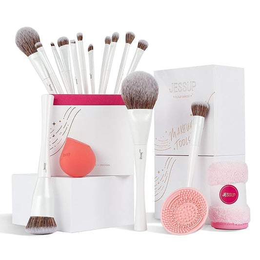 Jessup Makeup Brushes Set 14pcs Highend Makeup Gift Set for Women Include Foundation Concealer Blush Contour Powder Eye Shadow Brush, Makeup Sponge, Makeup Brush Cleaner and Towel, Pearl White T333-Velvo Beauty