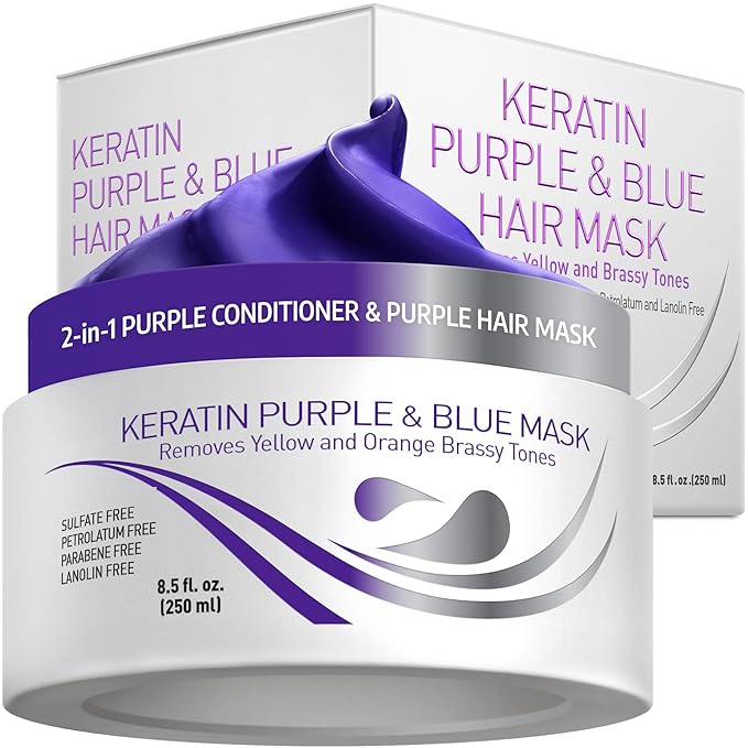 VITAMINS hair cosmetics Keratin Purple Hair Mask - Violet Blue Protein Deep Conditioner Treatment - Toner for Blonde Platinum Silver Gray Ash or Brown Colored Dry and Damaged Brassy Hair-Velvo Beauty