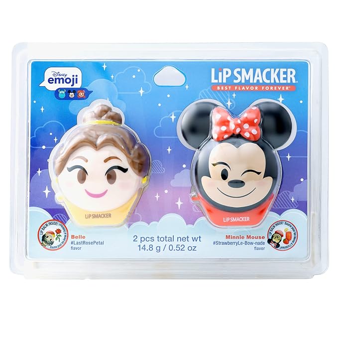 Lip Smacker Disney Minnie Mouse and Beauty And The Beast Belle Emoji Lip Balm Duo, Flavored Strawberry Lemonade, Bow-nade, 2 Pack-Velvo Beauty