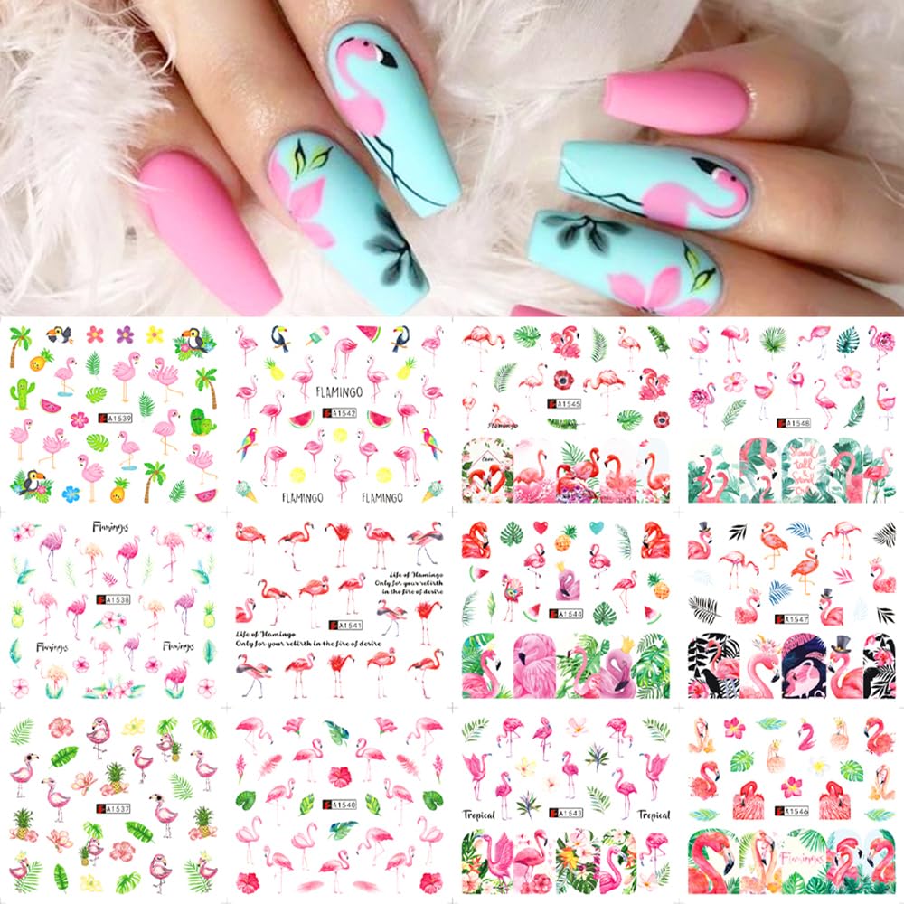 12 Sheet Flamingo Nail Art Stickers Cute Flamingo Green Leaf Design Water Transfer Nail Decals Summer Nail Art Decorations Waterproof Acrylic Nail Stickers for Women DIY Manicure Tips-Velvo Beauty
