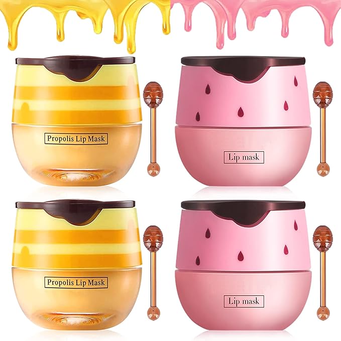 4PCS Bee Lip Balm Lip Mask Honey Pot,Honey & Strawberry Lip Mask Propolis Moisturizing Lip Balm with Stick - Hydrating Prevention Dry & Cracked Lip Scrubs Exfoliato Lip Wrinkle Care(Honey&Strawberry)-Velvo Beauty