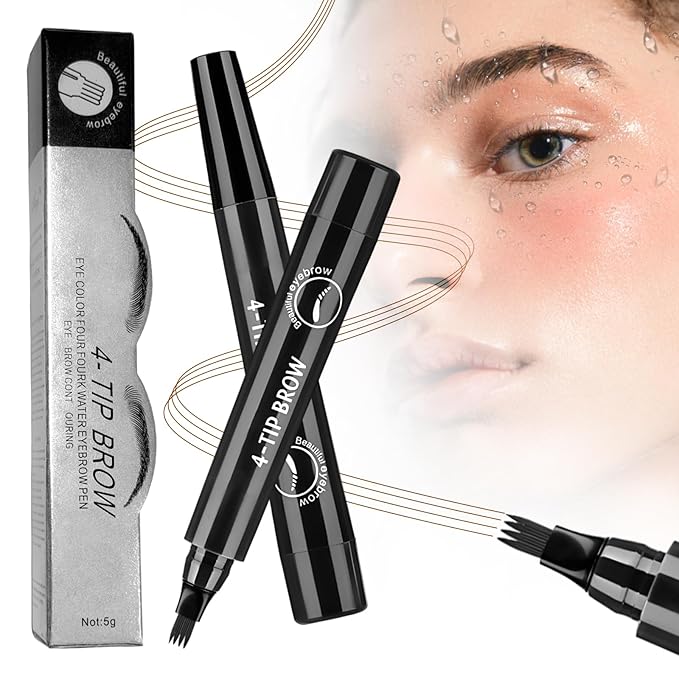2025 New Magic Eyebrow Pencil, 3D Waterproof 4 Tipped Precise Brow Pen Microblading Eyebrow Pencil Contouring Pen Fine Stroke Microblading Creates Natural (Black)-Velvo Beauty