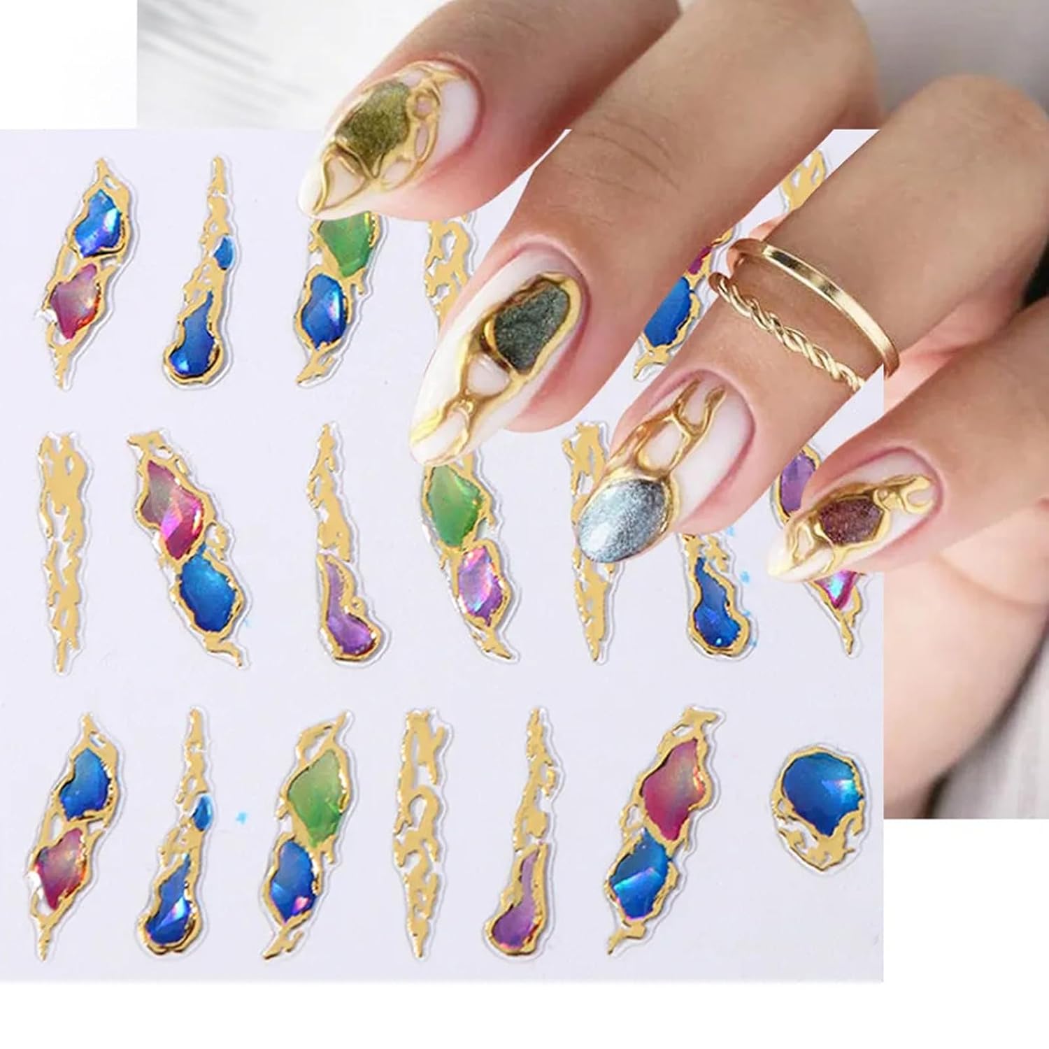 SILPECWEE 6 Sheets 5D Gold Embossed Nail Art Stickers Gem Crystal Irregular Geometric Frames Nail Stickers Designs Hollow Nail Decals Self Adhesive DIY Acrylic Nails Accessories-Velvo Beauty