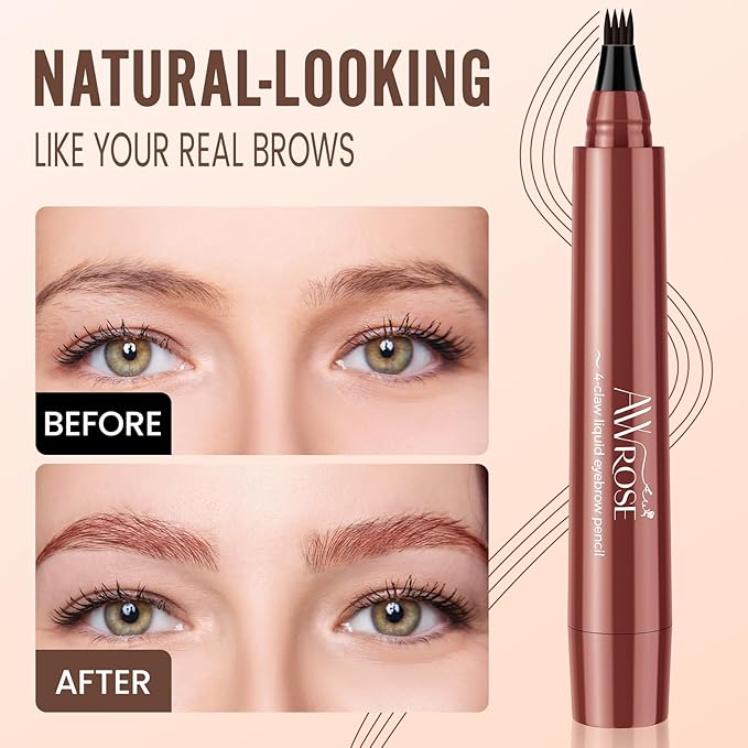 AWROSE Eyebrow Pencil, 3D Waterproof Microblading Eyebrow Pen 4 Fork Tip Tattoo Pencil, Precise Natural Brow Magic Eye Brow Pencil with Hair Like Strokes, 4 Points Multi-Used Eye Brow Pen for Women-Velvo Beauty