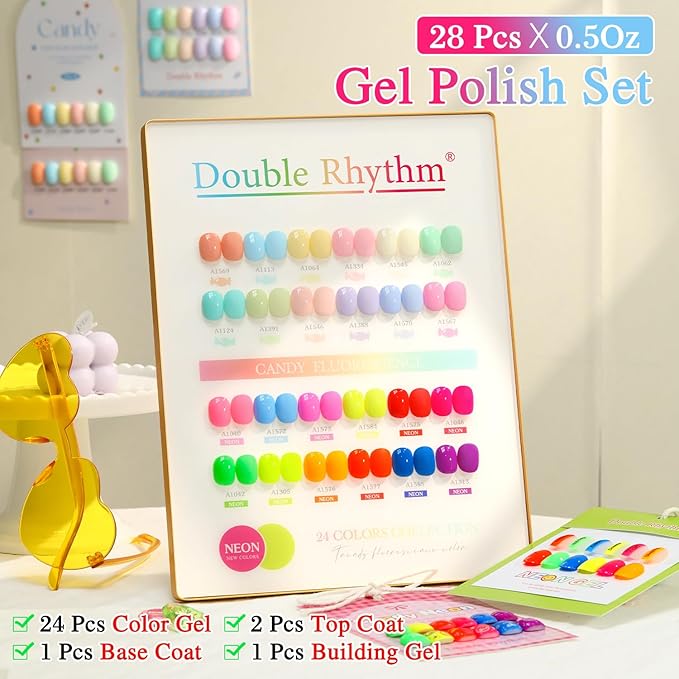 Double Rhythm 28Pcs 0.5Oz Gel Nail Polish Set Same Color Same Bottle Soak Off Gel Polish Kit Nail Art Manicure Salon DIY at Home for Women (Candy Neon Collection-T24-6)-Velvo Beauty