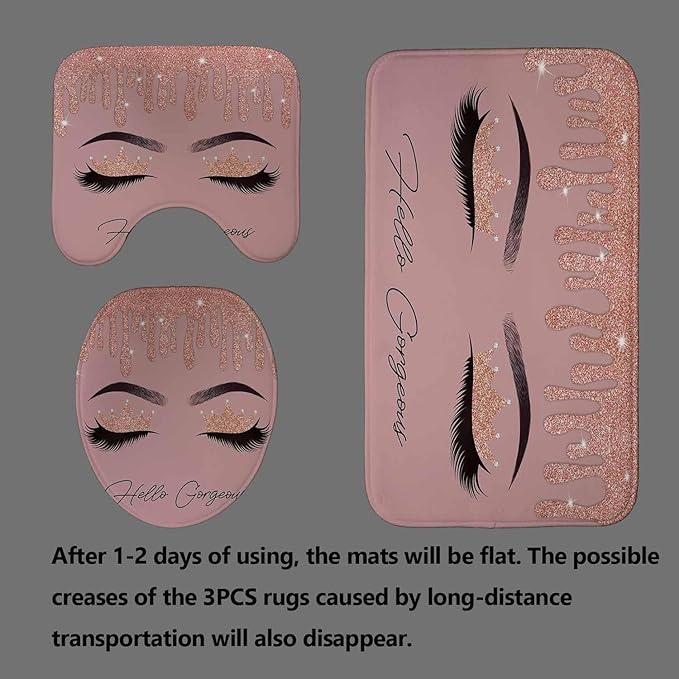 4PCS Hello Gorgeous Shower Curtain Set, Rose Gold Glitter Drip Bling Glam Diamond Crown Princess Unicorn Eyelash Girls Pink Bathroom Decor, Waterproof Fabric Shower Curtain Bath Mat Toilet Rug-Velvo Beauty