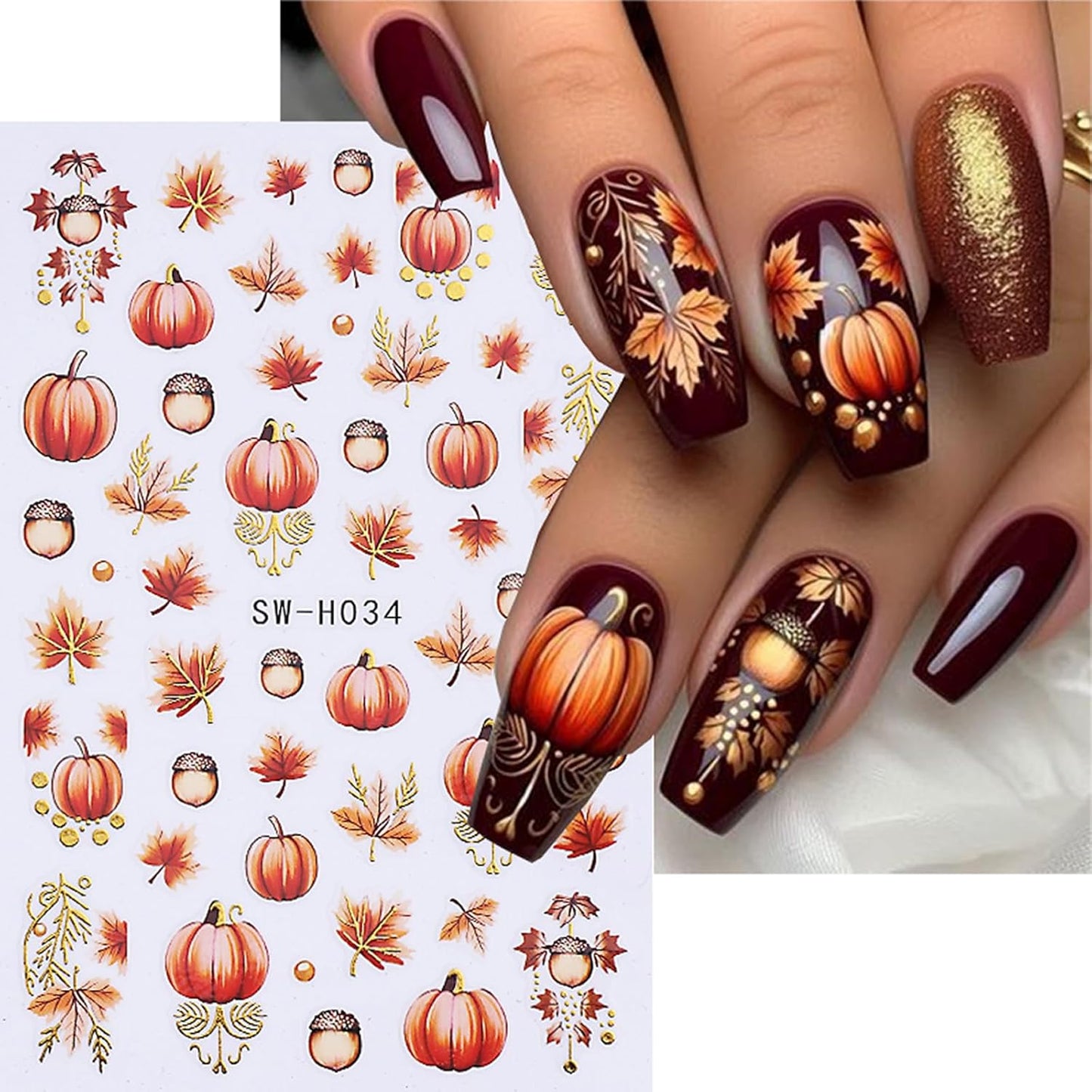 Fall Nail Stickers for Women and Girls Nail Decorations Nail Decals Autumn Maple Leaves Pumpkin Fruit Self-Adhesive Stickers 3D Nail Art Accessories-Velvo Beauty