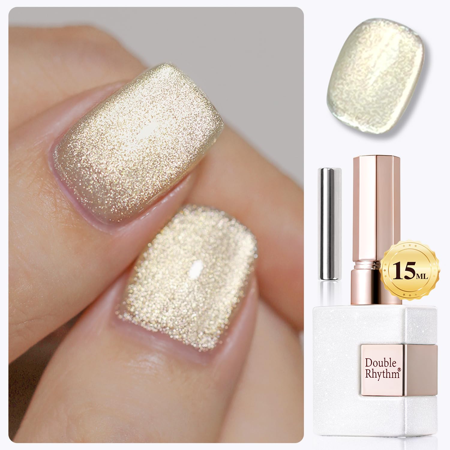 Double Rhythm Cat Eye Gel Polish with Magnet 15ML Ice Glass Holographic Glitter Shimmer Translucent Sheer Color Salon Soak Off Magnetic at Home (Gold-MC1140)-Velvo Beauty