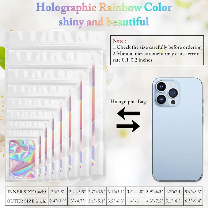 100 Pack Holographic Bags, Smell Proof Packaging Bags, Clear Window Resealable Odor Foil Pouch Mylar Bag for Food Storage and Lipgloss, Jewelry Lash (White, 3 x 4.7 Inch)-Velvo Beauty