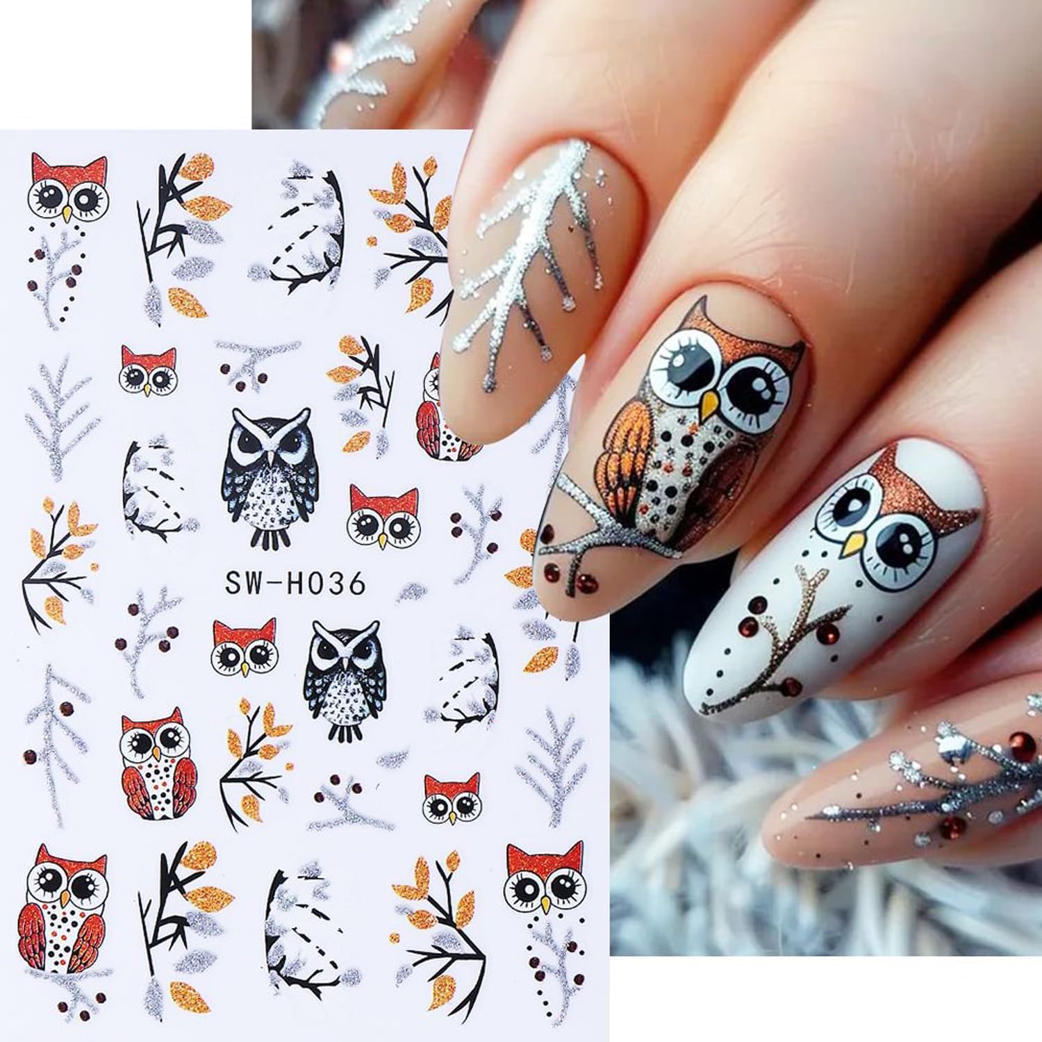 4pcs Christmas Nails Stickers Silver Glitter Leaves Line Owl Nail Art Design 3D Self-Adhesive Nail Decals Xmas Nail Sticker DIY Autumn Winter Manicure Art Supplies Decoration Accessories-Velvo Beauty