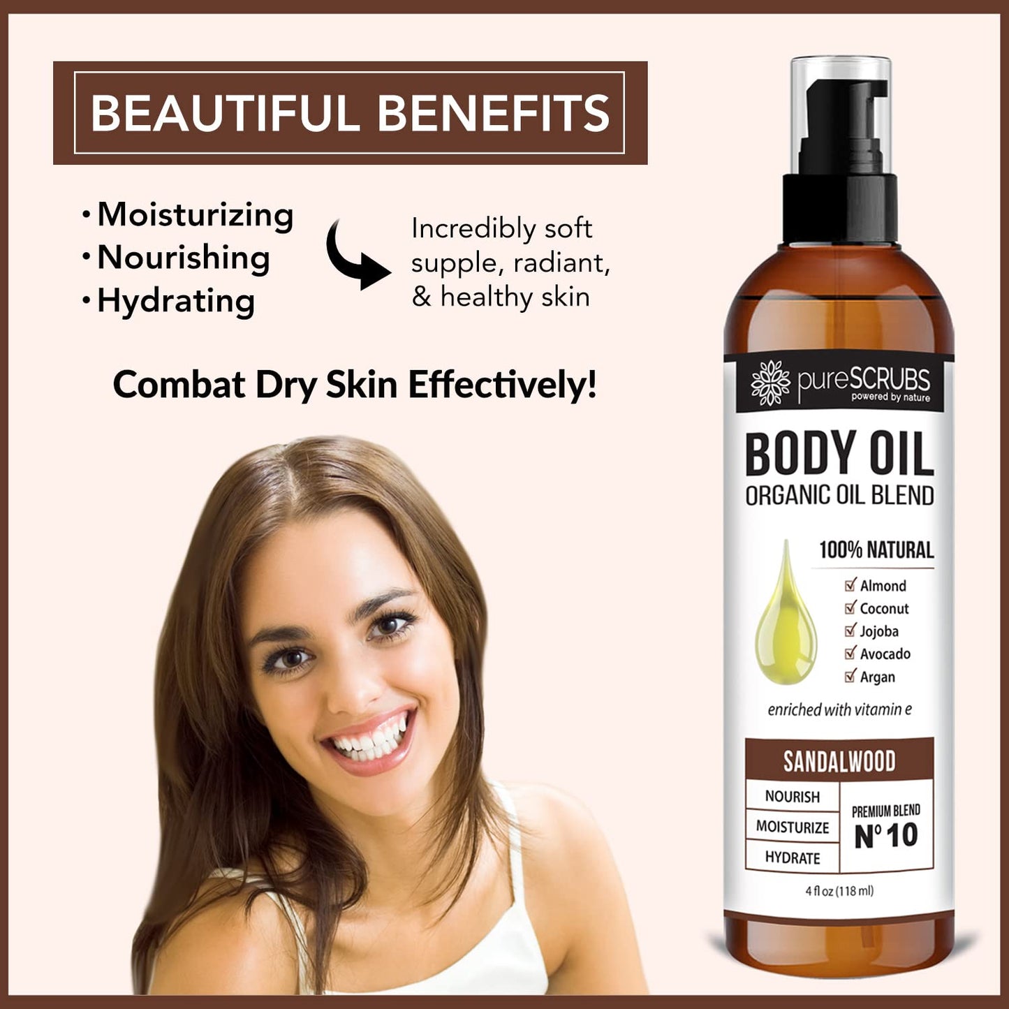 pureSCRUBS Ultra Moisturizing Sandalwood Body Oil Spray For Dry Skin, Massage, Cuticles & More, Organic Blend of Jojoba, Argan, Coconut, Sweet Almond & Avocado Oils Enriched with Vitamin E, Lg 4oz-Velvo Beauty