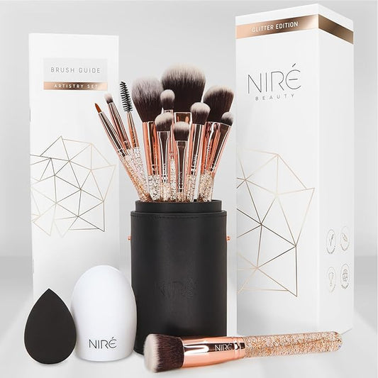Niré Beauty 15piece Award Winning Glitter Makeup Brushes: Cute Makeup Brushes Set with Case, Beauty Blender, Cleaner, Guide, Gift Box-Velvo Beauty