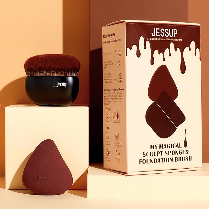 Jessup Foundation Brush with Makeup Sponge, Black Makeup Brush Flat Top Kabuki Brush for Liquid Blending Stippling, T881-Velvo Beauty