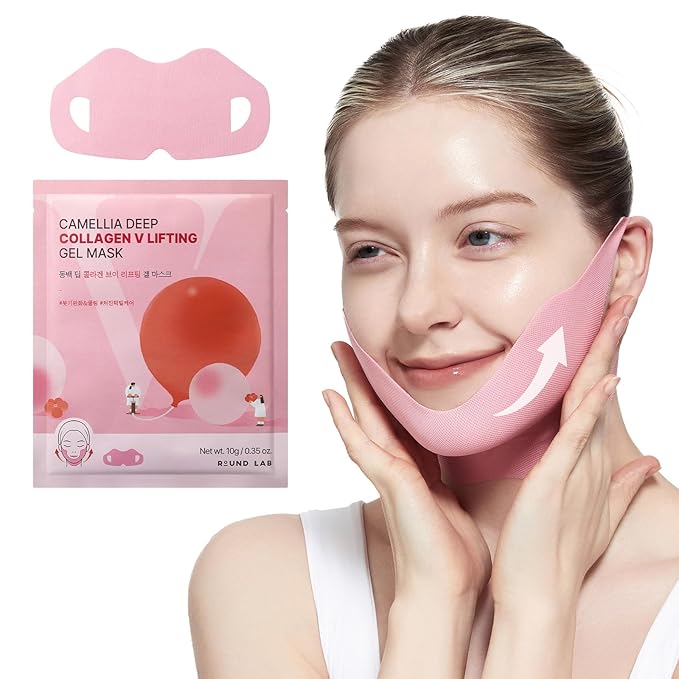 ROUND LAB Camellia Deep Collagen V Lifting Gel Mask 1ea | Double-chin Mask, Instant Cooling & Depuffing, Face Toning Belt, Collagen V-line, Improves Sagging Skin, Lifting & Firming 10g/0.35oz-Velvo Beauty