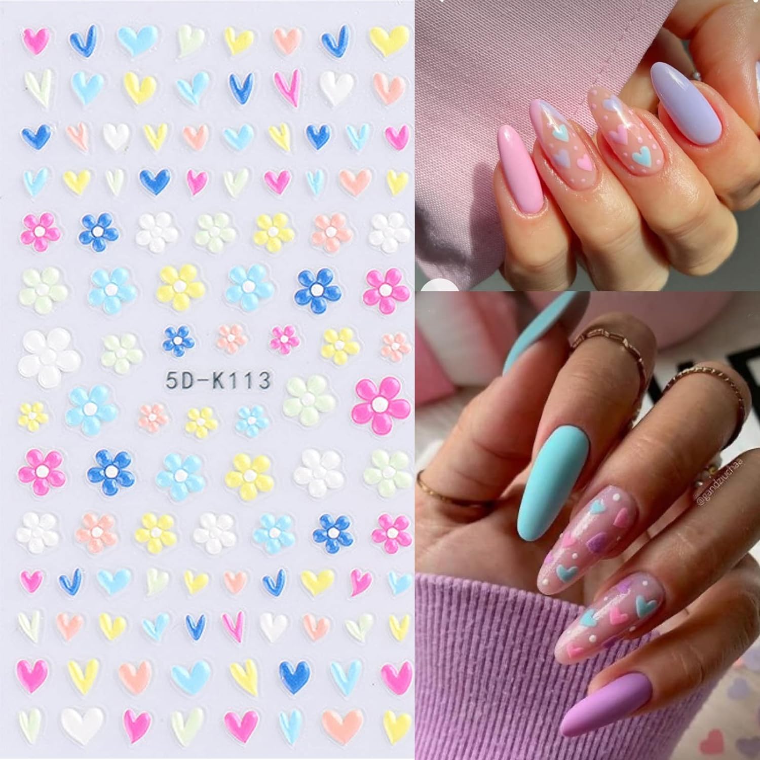 Flower Nail Stickers for Nail Art 6 Sheets 5D Embossed Nails Decals Spring Summer Self-Adhesive Supplies Accessories 3D Flowers Nails Stickers for Women Design Decoration-Velvo Beauty