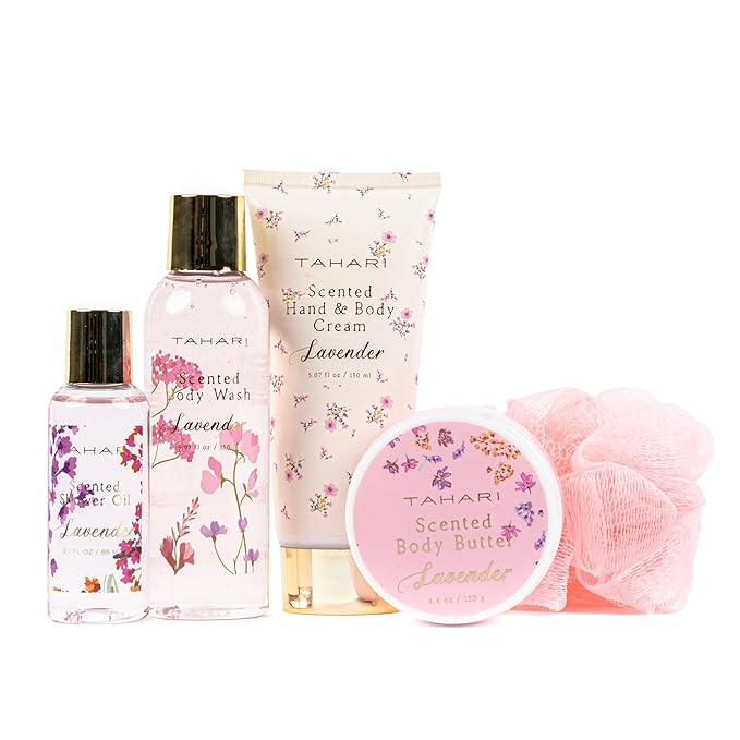 Tahari Spa Gift Set for Women, Lavender Spa Set, Bath Kit for Women Gift Set Includes Scented Body Wash, Body Lotion, Body Butter & Pouf, Lotion Gift Set for Women, Birthday Gifts For Women - (Floral)-Velvo Beauty