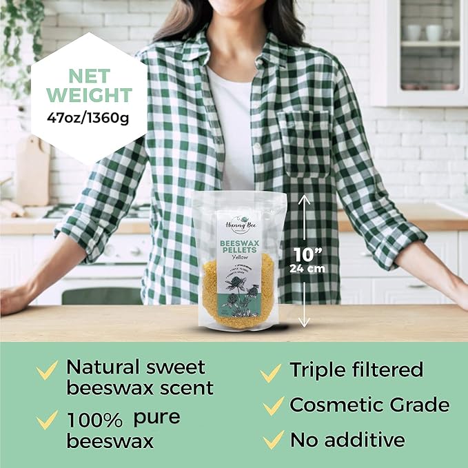 HUNNYBEE Beeswax Pellets 3LB, 100% Pure Bees Wax for DIY Candles, Skin, Body Cream, Face, and Hair Care, Lotions Deodorant, Lip Balm and Soap Making (Yellow, 3 lbs)-Velvo Beauty