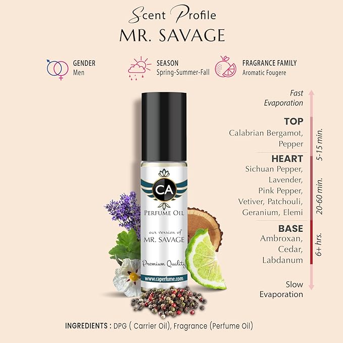 CA Perfume Impression of Mr. Savage For Men Replica Fragrance Body Oil Dupes Alcohol-Free Roll-On 0.3 Fl Oz/10ml-Velvo Beauty