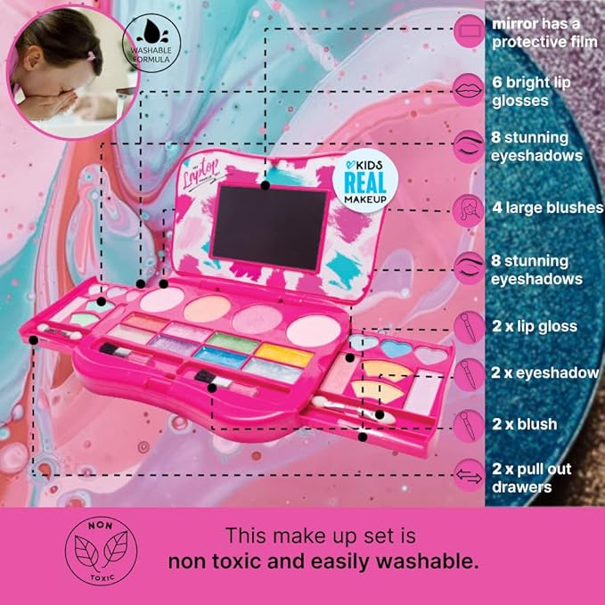 My First Makeup Set for Young Girls I Kids Makeup Kit for Little Girls I Foldable Makeup Palette with Makeup Mirror I Pink Set Makeup for Kids Vanity I Washable Laptop Design Toddler Makeup Kit Gift-Velvo Beauty