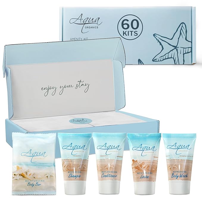 Aqua Organics Amenity Kit|Boxed Hotel Toiletries|Bulk Set 1 oz Travel Size Shampoo, Conditioner, Lotion, Body Wash & Bar Soap for Guest Hospitality AirBnB/Vacation Rentals|300 Pieces-Velvo Beauty