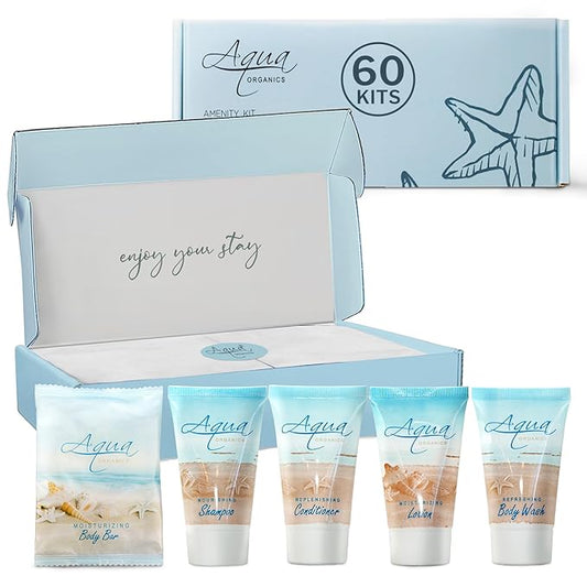 Aqua Organics Amenity Kit|Boxed Hotel Toiletries|Bulk Set 1 oz Travel Size Shampoo, Conditioner, Lotion, Body Wash & Bar Soap for Guest Hospitality AirBnB/Vacation Rentals|300 Pieces-Velvo Beauty