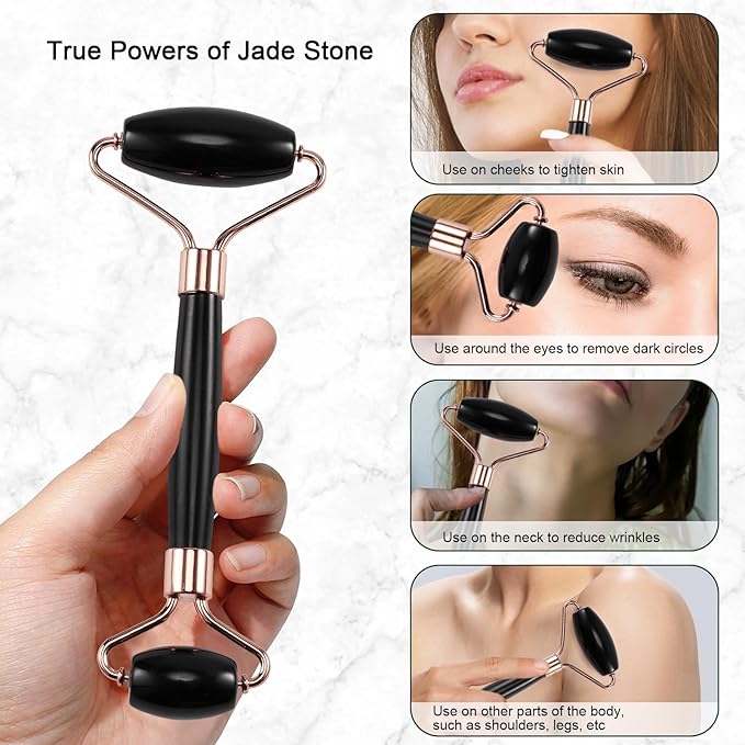 Jade Roller for Face, Facial Roller Massager Skin Care Tool, Gua Sha Facial Tools for Face, Neck, Eyes, Reduce Puffiness of The Skin (Black)-Velvo Beauty