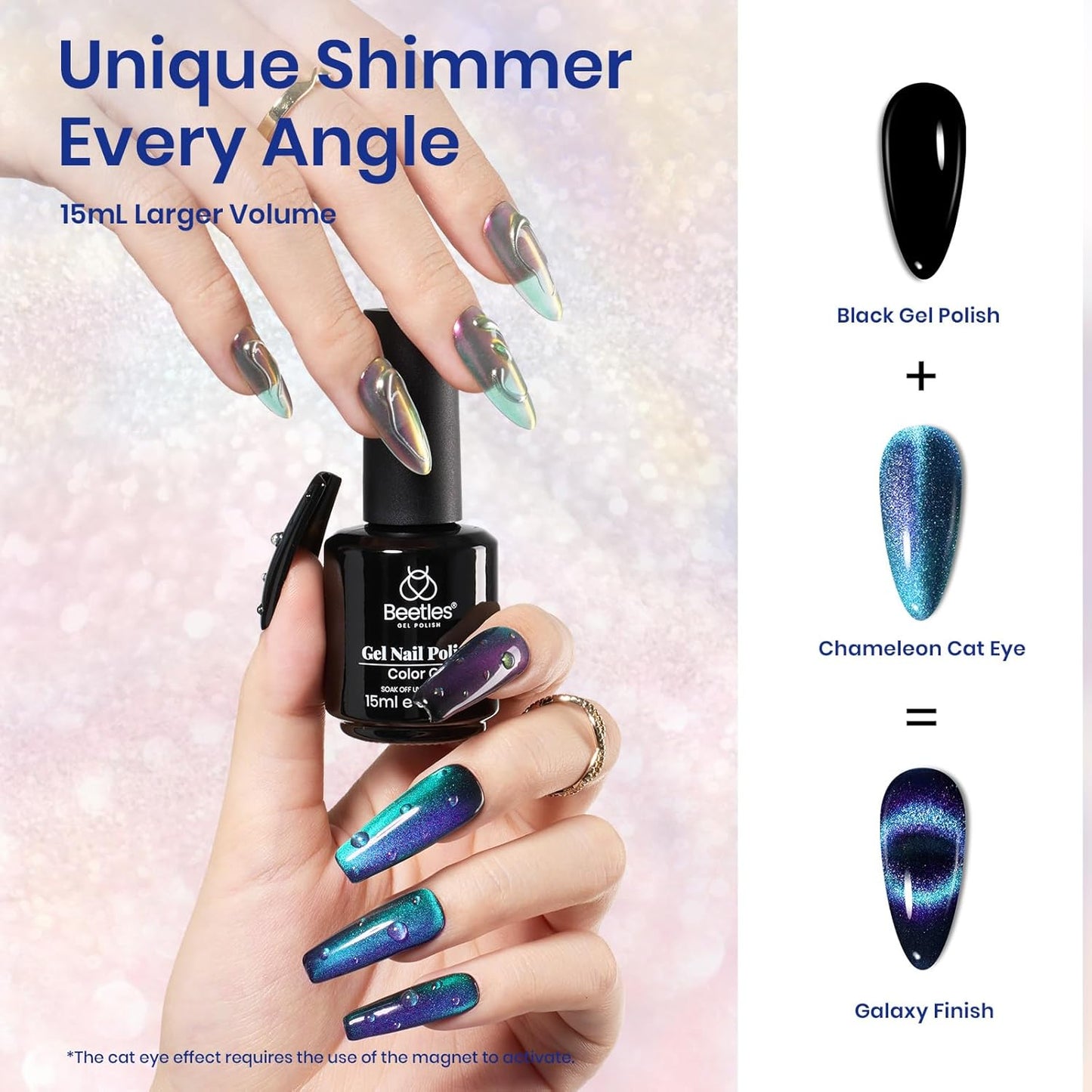 Beetles Blue Cat Eye Gel Nail Polish - 15ML Glitter Blue Chameleon Sparkle Holographic Nail Polish with Magnet Translucent Mystical Aura Gel Soak Off UV LED Nail Lamp Nail Art Manicure Salon DIY Home-Velvo Beauty