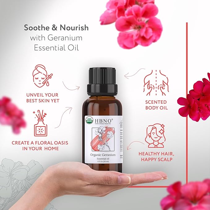 HBNO Organic Geranium Essential Oil - 1 oz (30ml) - USDA Certified Organic Geranium Essential Oil for Aromatherapy, Soap Making, DIY, Fragrances, Diffuser.-Velvo Beauty