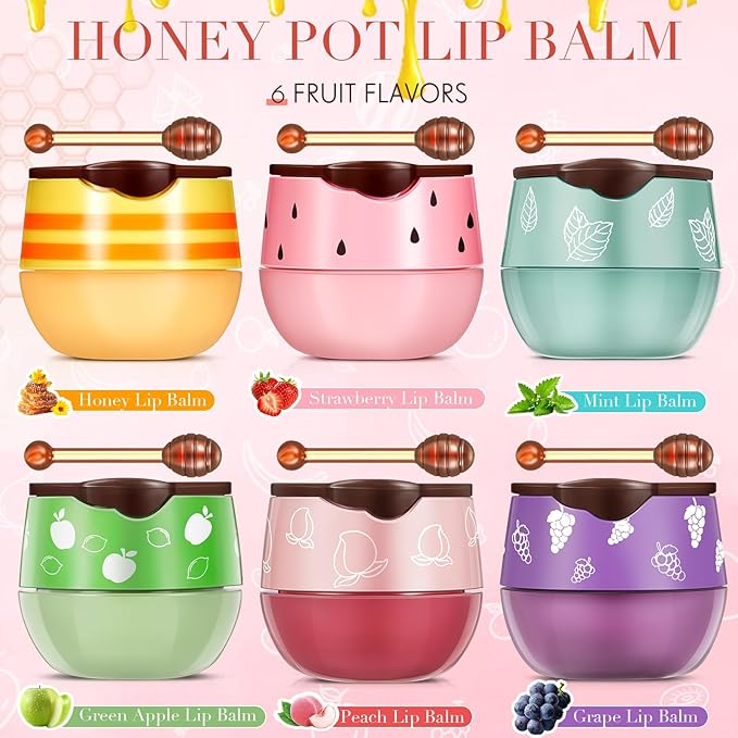 12 Pcs Bee Lip Balm Honey Pot with Brush Propolis Lip Mask Overnight, Moisturizing Hydrating Lip Sleeping Mask Prevention Dry and Cracked(Honey+Peach+Grape+Strawberry+Apple Lime+Mint)-Velvo Beauty