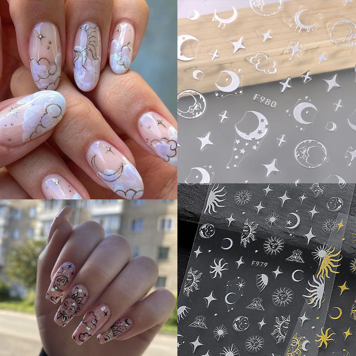 8 Sheets Metallic Nail Art Stickers Decals Silver Moon Star Sun Nail Stickers Eye Snake Nail Decals 3D Self-Adhesive Luxury Nail Art Design Stickers for Women Girls DIY Manicure Decoration Accessories-Velvo Beauty