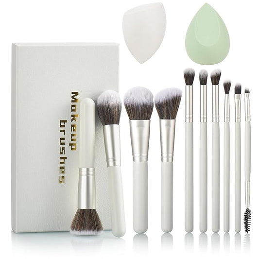Gift Ready 10 Piece grayish green Makeup Brushs Set and 2 Piece Makeup Sponge – Wooden Handle with Soft Synthetic Bristles, Concealer, Powder – (Ideal for Christmas, Birthday, Women)-Velvo Beauty