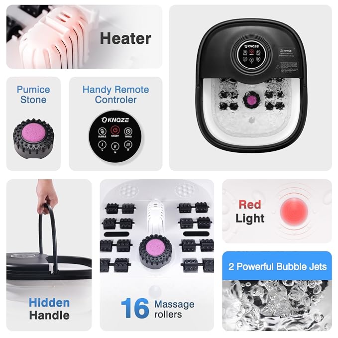 Collapsible Foot Spa Bath with Heat, Remote Control, Temperature Control, Bubbles, Pumice Stone, Red Light, Timer, 16 Massage Roller Pedicure Foot Spa Foot Soaker for Soothe & Relax Tired Feet-Velvo Beauty