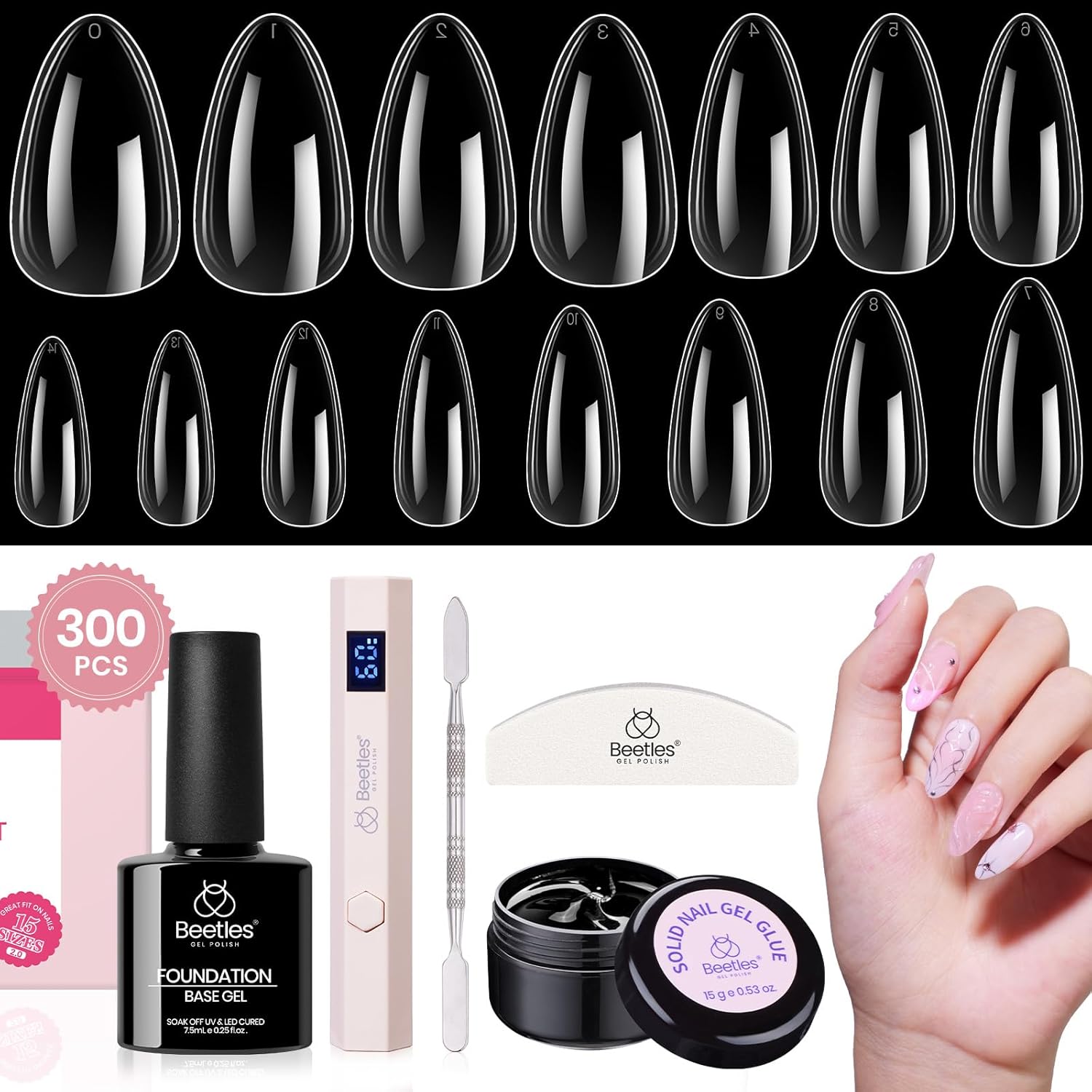 Beetles Gel Nail Kit, 300Pcs Almond Medium Nail Tips with Solid Nail Gel Glue,15 Sizes Soft Clear Nail Tips with Base Coat, Handheld Nail Lamp, Easy Nail Extension Set DIY Manicure Art Gift for Girls-Velvo Beauty