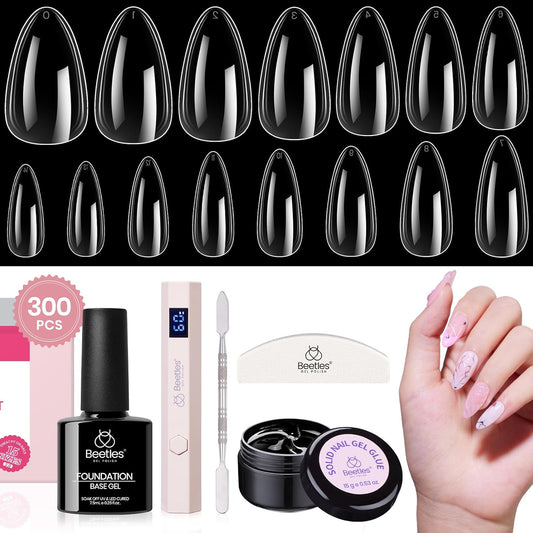 Beetles Gel Nail Kit, 300Pcs Almond Medium Nail Tips with Solid Nail Gel Glue,15 Sizes Soft Clear Nail Tips with Base Coat, Handheld Nail Lamp, Easy Nail Extension Set DIY Manicure Art Gift for Girls-Velvo Beauty