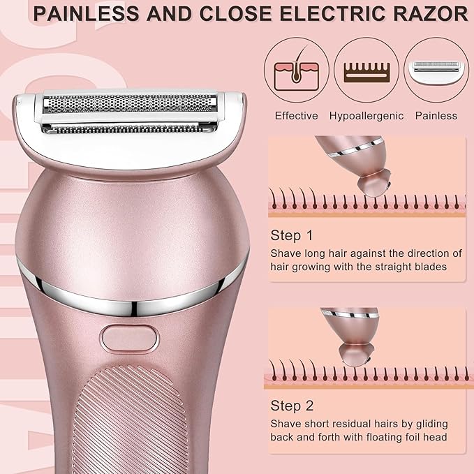 Hatteker Electric Shaver for Women Lady Epilator Electric Razors Kit Hair Remover for Face Chin Arm Leg Armpit Bikini Trimmer Painless Waterproof USB Rechargeable Dry Wet with Detachable Head 3 in 1-Velvo Beauty