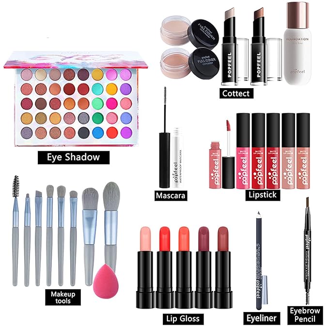 Makeup Kit for Women Full Kit, with Professional Make Up Bag Eyeshadow Red Lipstick, Powder Brush, Concealer, Glitter Lip Gloss, Waterproof Mascara, Eyebrow Pencil, Birthday Gift for Mom Sister-Velvo Beauty
