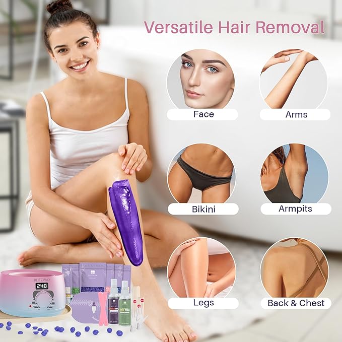 BLITZWAX Brazilian and Bikini Waxing Kit for Women, Hard Wax Warmer for Face, Legs and Body, At Home Hair Removal Kit, Beginner Friendly, Quick Heating, Pink and Blue Gradient Color-Velvo Beauty