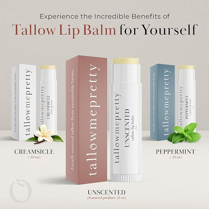 Unscented Lip Balm, Ultra-Soothing, Deeply Hydrating Tallow Lip Balm with Grass Fed Beef Tallow, Beeswax, Jojoba Oil & More, Non Toxic Lip Care, Made in the USA, 0.15 Oz.-Velvo Beauty