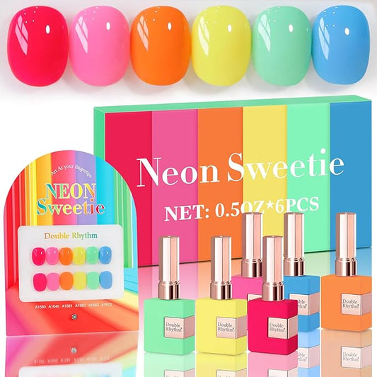 Double Rhythm 6 Pcs 15 ML Gel Polish Set Same Color Same Bottle Soak Off Gel Polish Kit Nail Art Manicure Salon DIY at Home for Women (Pastel Red Pink Orange Yellow Green-T6-11)-Velvo Beauty