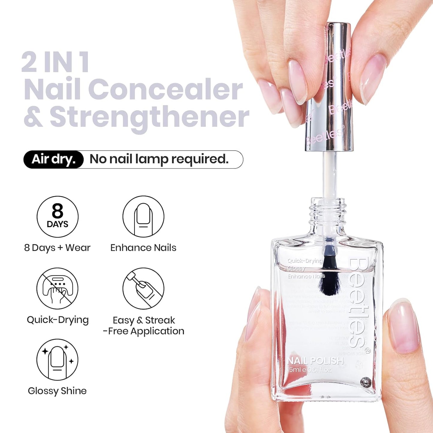 Beetles Nail Strengthener - Clear Nail Concealer Fast Air Dry Clear Air Dry Nail Growth for Damaged Uneven Nails Fingernail Polish Imperfection Masking for Sheer Shine DIY Manicure Salon Quality-Velvo Beauty