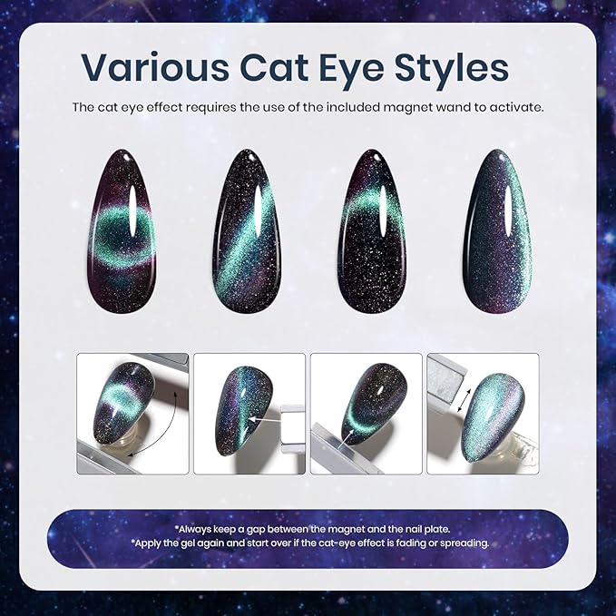 Beetles Cat Eye Gel Polish - Milky Way 6 Colors Gel Polish Set, Black Purple Blue Temperature Changing Glitter Nails, Halloween Galaxy Nails Kit with Magnet Stick Soak Off Uv Lamp Gel-Velvo Beauty