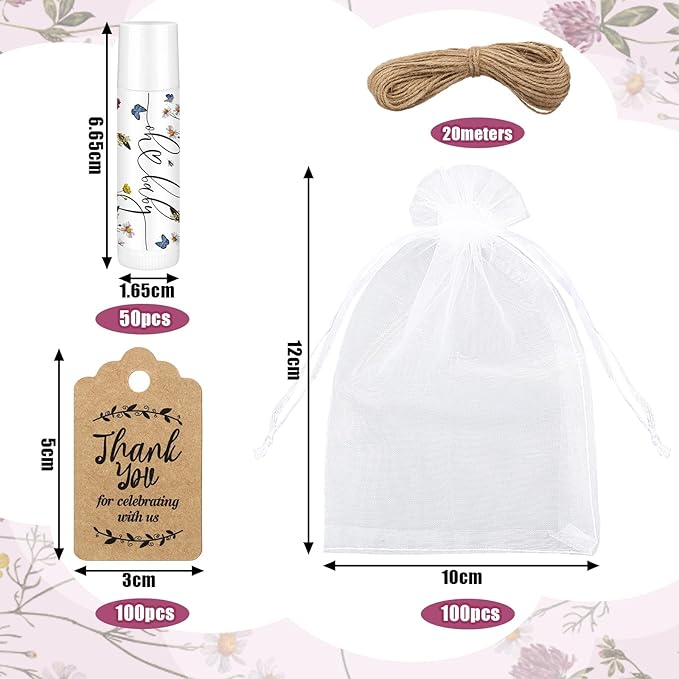 Demissle 50 Pcs Baby Shower Lip Balm Gift Set with 100 Pcs Organza Bags Baby Shower Party Favor for Guest Thank You Tag Rope Baby Shower Party Decoration Gender Reveal Souvenirs(Purple Flower)-Velvo Beauty