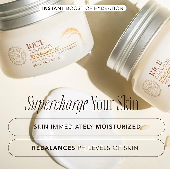 The Face Shop Rice Ceramide Moisturizing Cream - Rice Extract + Rice Bran Oil - Hydrating Targets Dryness, Brightening - Dermatologically Tested - Lightweight Moisturizer Face Cream - Korean Skin Care-Velvo Beauty