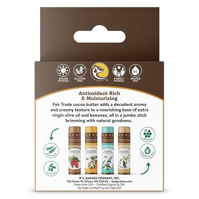 Badger - Cocoa Butter Lip Balm Set, Fair Trade, Certified Organic Lip Butter, Flavored, Cocoa, Vanilla, Orange, Mint, 0.25 oz (4 Pack)-Velvo Beauty