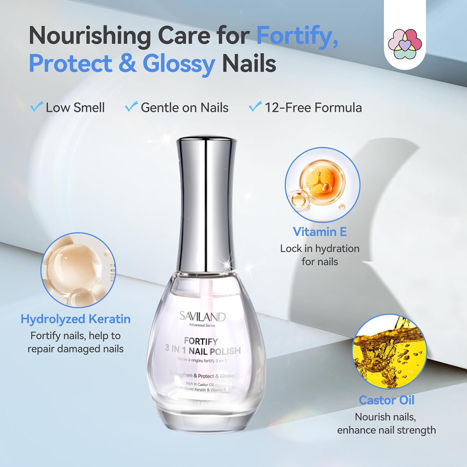 SAVILAND Advanced 3-in-1 Base & Top Coat & Nail Strengthener: Quick Dry Clear Nail Polish Nail Strengthener and Growth for Nail Treatment Repair Damaged Nails Care, Glossy Effect 0.5 fl oz-Velvo Beauty