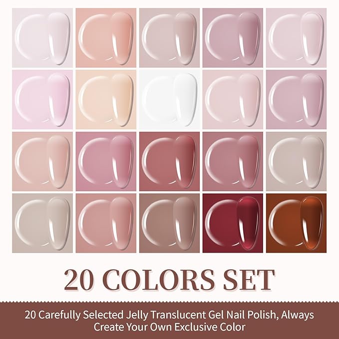 JODSONE 23PCS Gel Nail Polish Set 20 translucent Jelly Color Natural and Elegant Long Lasting Suitable for Home and Salon-Velvo Beauty
