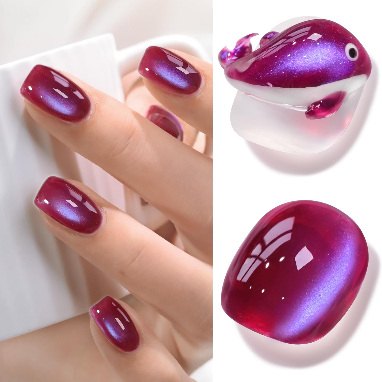Double Rhythm Jelly Glass Cat Eye Gel Polish with Magnet 15ML Holographic Glitter Shimmer Translucent Sheer Color Magnetic Nail Polish Salon DIY at Home (Burgundy Purple-MC1265)-Velvo Beauty