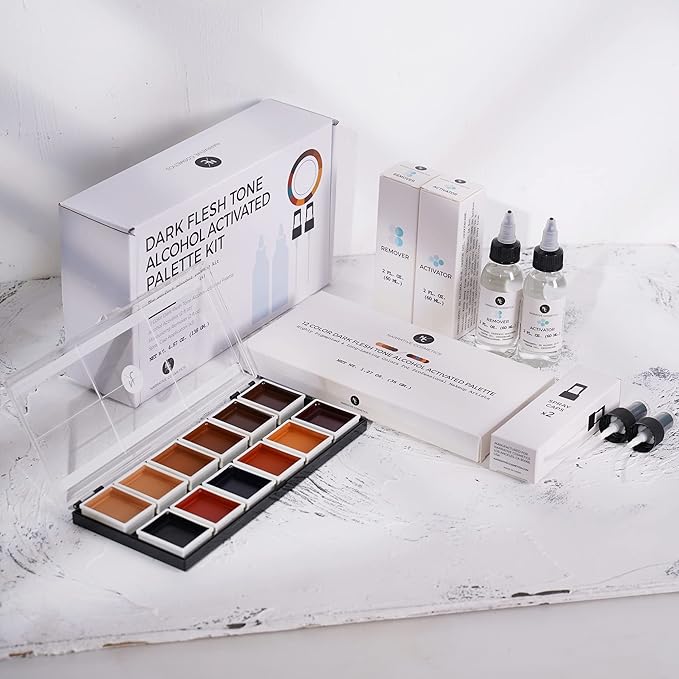 12 Color Dark Flesh Tone Alcohol Activated Makeup Palette Kit - Includes Alcohol Activator and Moisturizing Remover - Waterproof Makeup for Professional Makeup Artists-Velvo Beauty