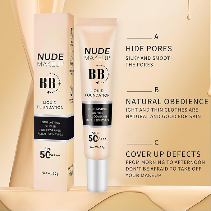 BB Cream with SPF 50, BB Cream Full Coverage, Hide Pores Blemishes, Nude Makeup Base, Even Skin Tone, Long Lasting Oil Control, Hydration BB Cream, Natural Finish for All Skin Types (Ivory)-Velvo Beauty