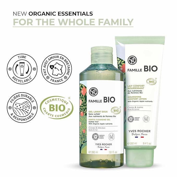 Yves Rocher Famille BIO Organic Cleansing Gel & Nourishing Comfort Milk Gift Set, Includes Vanity Bag, Apple Extract Botanical Formula, Organic Skin Care Products for Kids & Families-Velvo Beauty